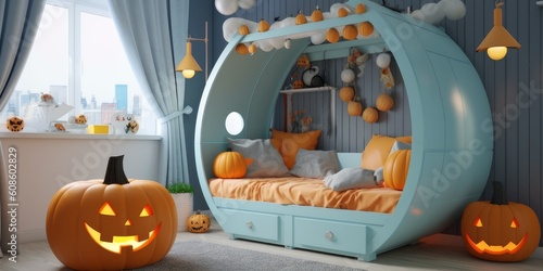 Kids bedroom in Halloween design theme. Bright funny interiors ideas. Ai generated design.  photo
