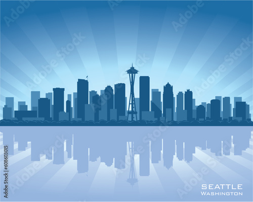 Seattle, Washington skyline illustration with reflection in water