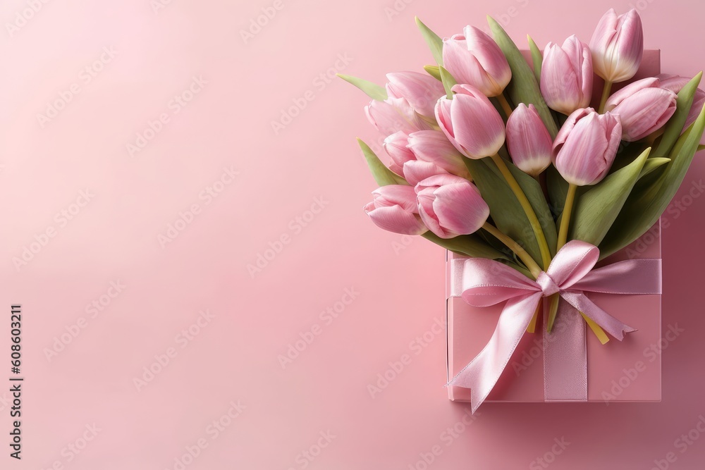 Obraz premium Top view photo of stylish pink giftbox with ribbon bow. Generative AI