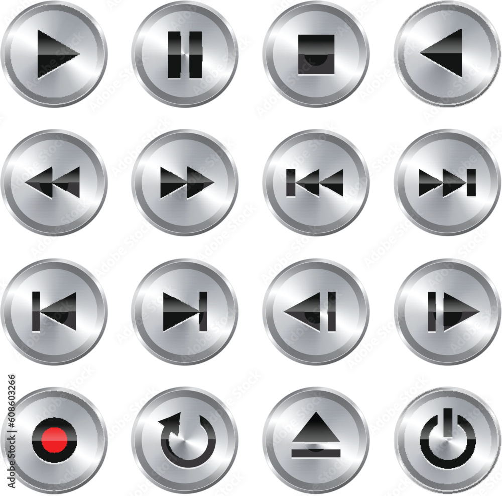 Metallic glossy multimedia control button/icon set. Vector illustration Metallic glossy multimedia control button/icon set. Vector illustration