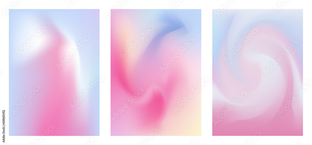 Set of gradient backgrounds. Iridescent graphic template for flyer, poster, banner, mobile app. Vibrant minimal hologram gradient. Vector