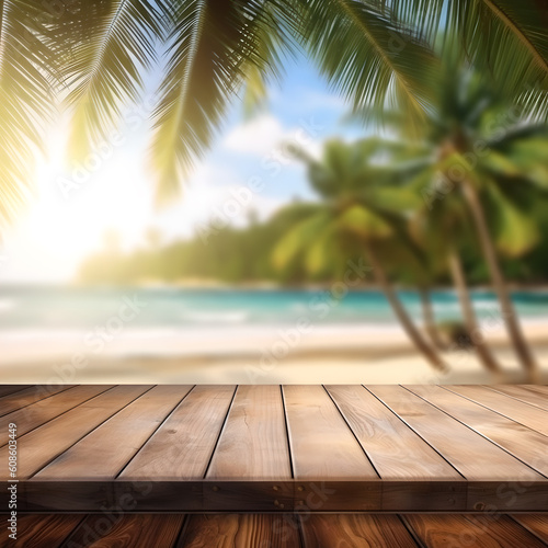 Empty wooden table on a beautiful tropical beach background. summer sea beach palm tree with wooden table foreground space for advertising products. Generative Ai