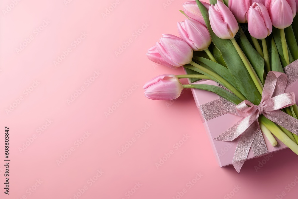 Top view photo of stylish pink giftbox with ribbon bow. Generative AI Top view photo of stylish pink giftbox with ribbon bow. Generative AI