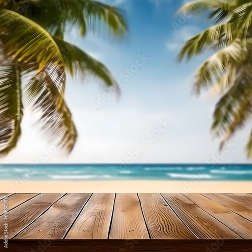 Empty wooden table on a beautiful tropical beach background. summer sea beach palm tree with wooden table foreground space for advertising products. Generative Ai