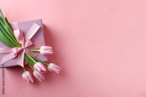 Top view photo of stylish pink giftbox with ribbon bow. Generative AI © nadunprabodana