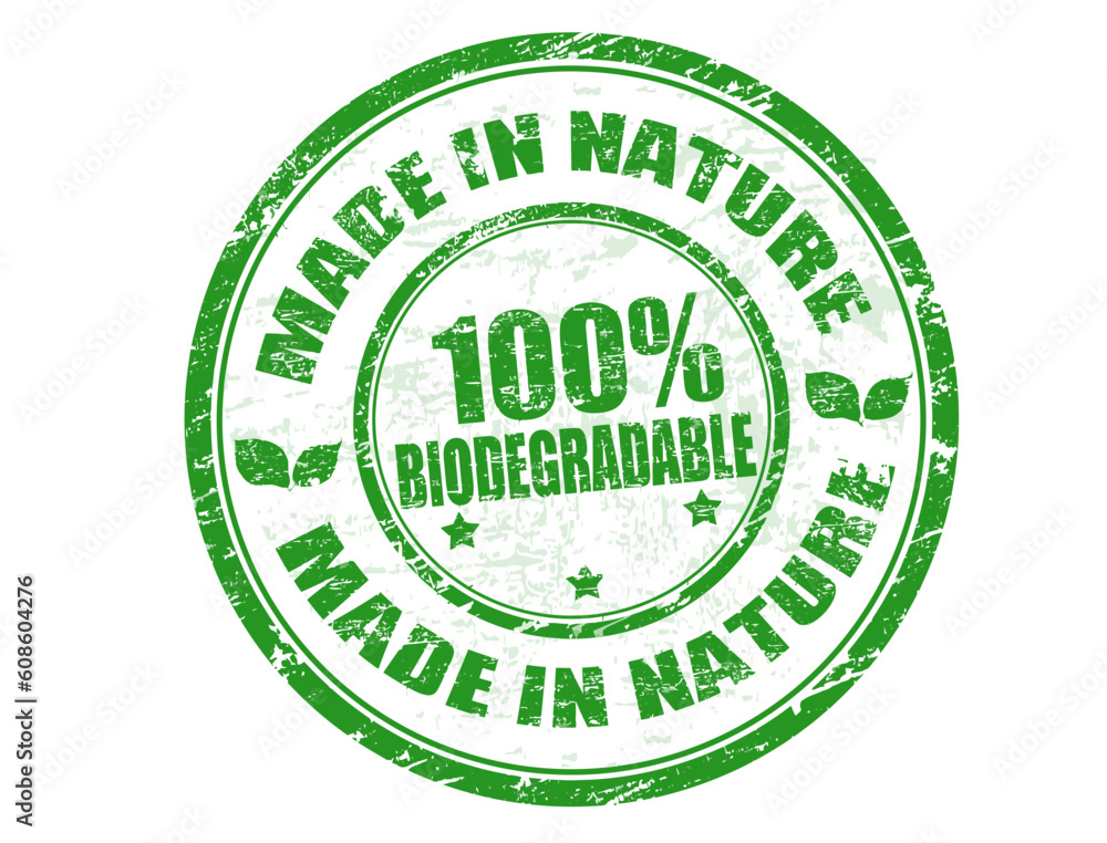 Green grunge rubber stamp with the text Made in Nature - 100% Biodegradable written inside, vector illustration