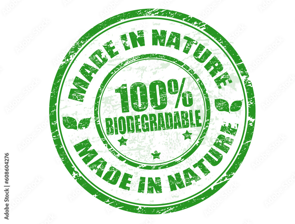 Green grunge rubber stamp with the text Made in Nature - 100% Biodegradable written inside, vector illustration Green grunge rubber stamp with the text Made in Nature - 100% Biodegradable written inside, vector illustration