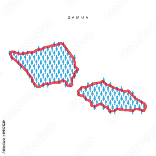 Samoa population map. Stick figures Samoan people map with bold red translucent country border. Pattern of men and women icons. Isolated vector illustration. Editable stroke.