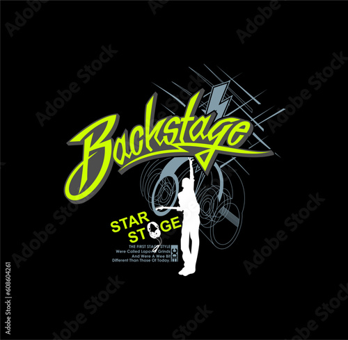  Star And Stage slogan music, graphic with rock symbols vectors for t-shirt and other uses.