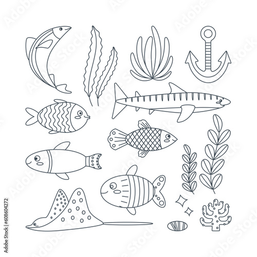 Set of marine elements seaweed, seashell, octopus, dolphin, fish, stingray, seahorse. Line art.