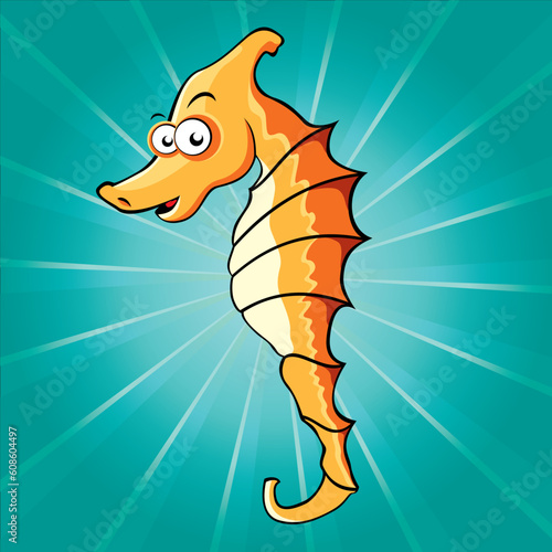 Funny cartoon seahorse on the blue background