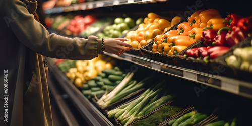Closeup woman shopping vegetables and fruits in a grocery supermarket store. Generative Ai