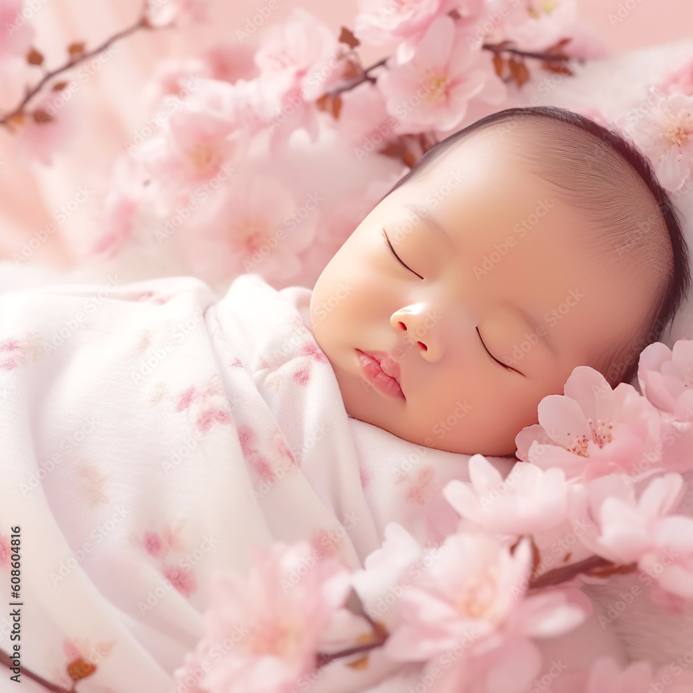 cute Asian Baby, swaddled in white, sleeping with eyes closed, pink flower background. Generative AI cute Asian Baby, swaddled in white, sleeping with eyes closed, pink flower background. Generative AI