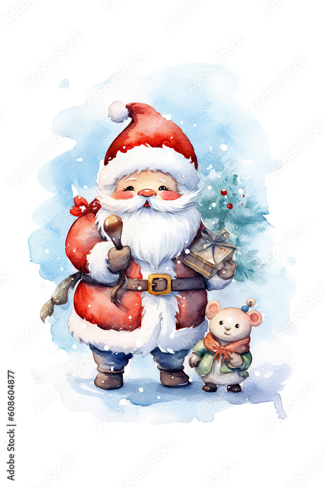 christmas santa pine tree watercolor clipart isolated on white background