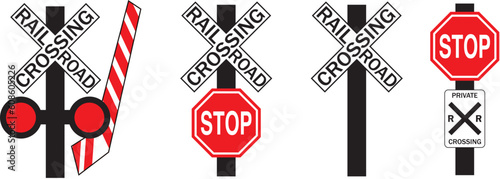 U.S. railroad crossing signs in 4 types: signal, stop sign, no stop sign, and private crossing