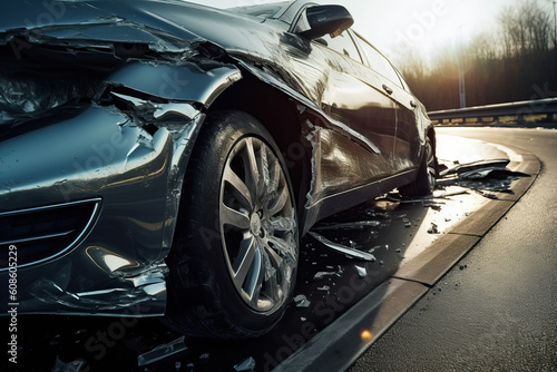 A smashed modern grey car side closeup after a crash accident on a highway road, generative AI © J S