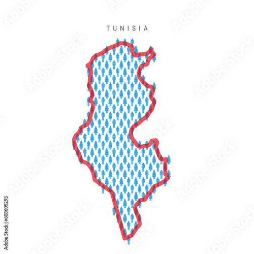 Tunisia population map. Stick figures Tunisian people map with bold red translucent country border. Pattern of men and women icons. Isolated vector illustration. Editable stroke.