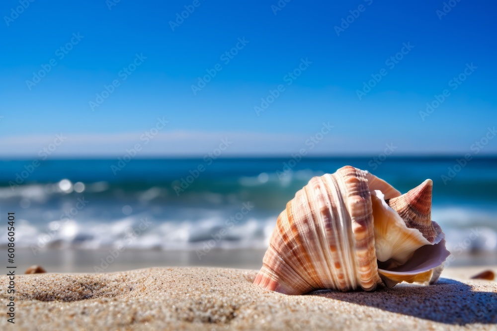 Seashell on the Beach Overlooking the Ocean and Blue Sky, Generative AI Seashell on the Beach Overlooking the Ocean and Blue Sky, Generative AI