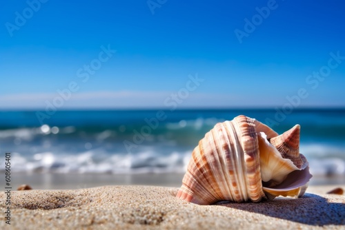 Seashell on the Beach Overlooking the Ocean and Blue Sky, Generative AI