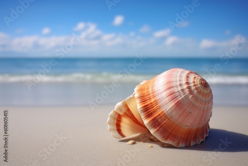 Seashell on the Beach Overlooking the Ocean and Blue Sky, Generative AI
