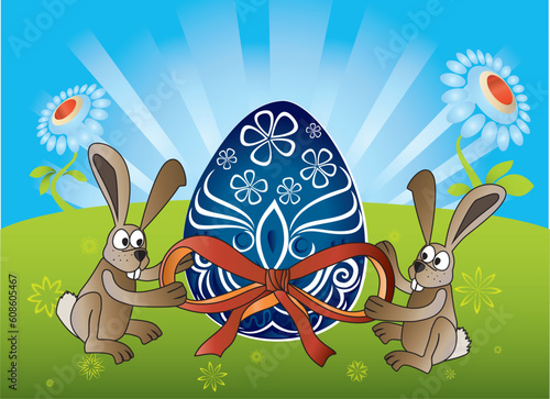 easter celebration with playing bunnies and painted egg