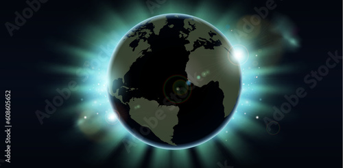 World globe eclipsing the sun directly behind it.