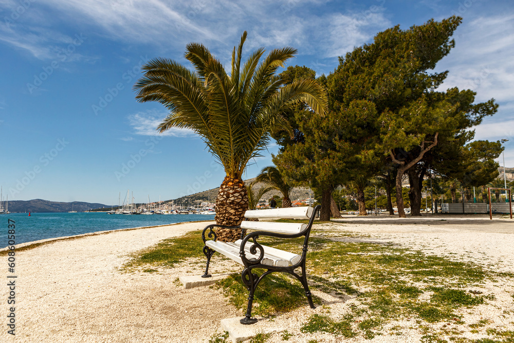 View at the promenade near castle Gradina Kamerlengo in Trogir, Dalmatia, Croatia, in early spring