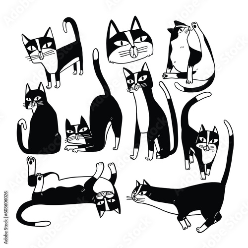 Cute and funny cats doodle vector set. Cartoon cat or kitten characters hand draw black and white in different poses.