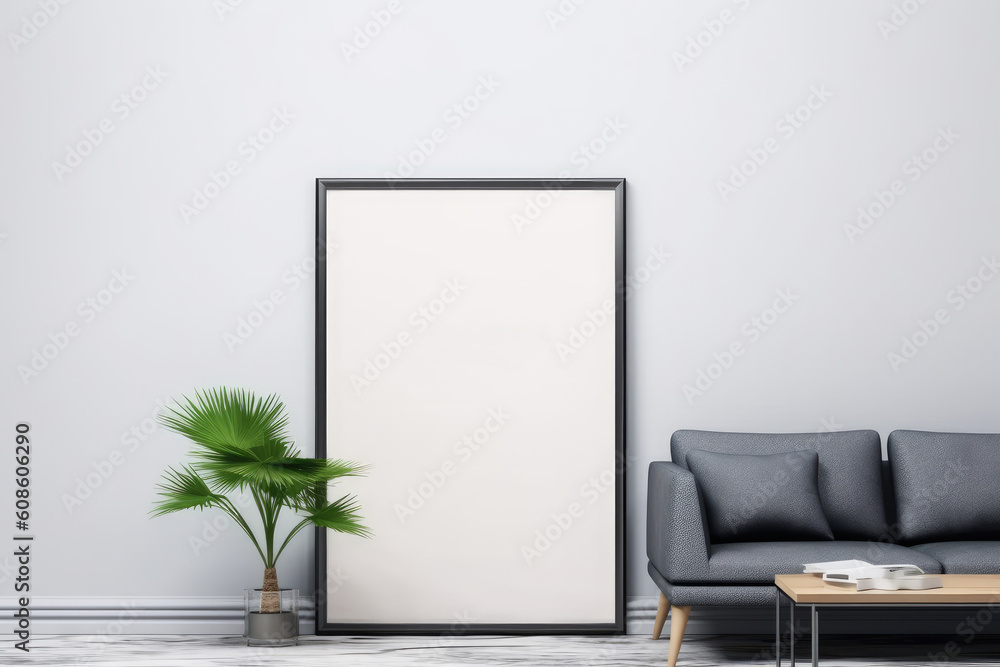 Interior poster mock up with vertical empty wooden frame standing on floor, gray armchair and gree tree in modern white room. Generative AI Interior poster mock up with vertical empty wooden frame standing on floor, gray armchair and gree tree in modern white room. Generative AI