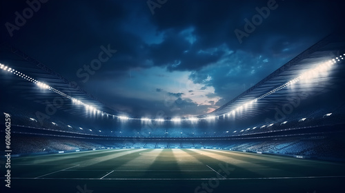 Modern soccer football stadium with floodlights cinematic background. Generative Ai