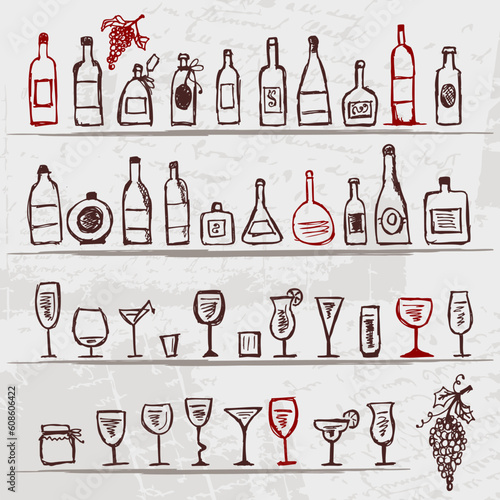 Set of alcohol's bottles and wineglasses on grunge background