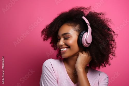 Woman pink headphones. Generate Ai