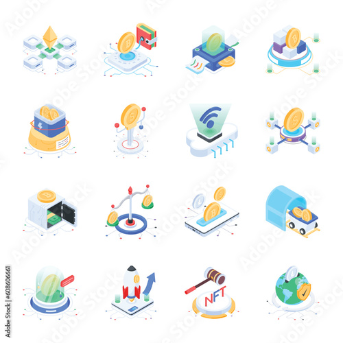 Collection of Cryptocurrency Isometric Icons 


