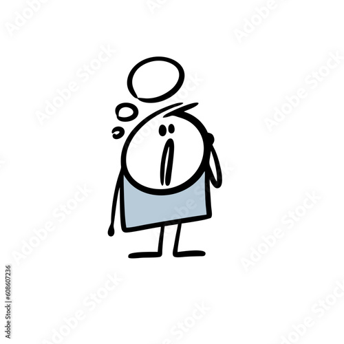 Comic confused boy stands and thinks sad thoughts. Vector illustration of hand drawn lost little child.