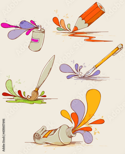 Set of vector hand drawn paints and pencils