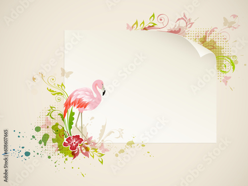 Vector banner with pink flamingo and flowers