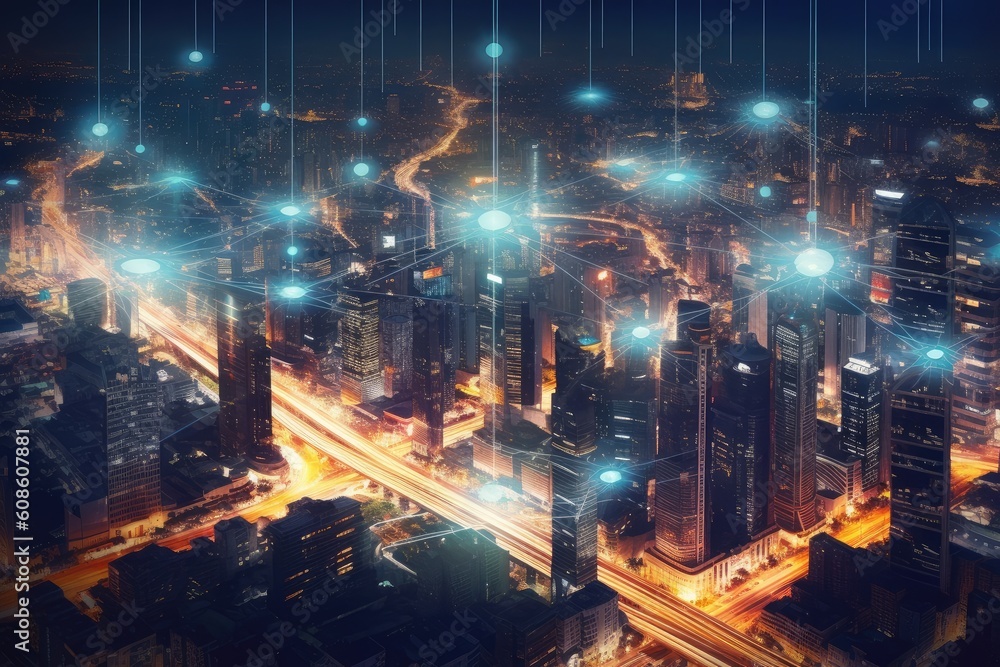 Smart city and abstract dot point connect with gradient line, aesthetic Intricate wave line design, big data connection technology concept. Generative AI