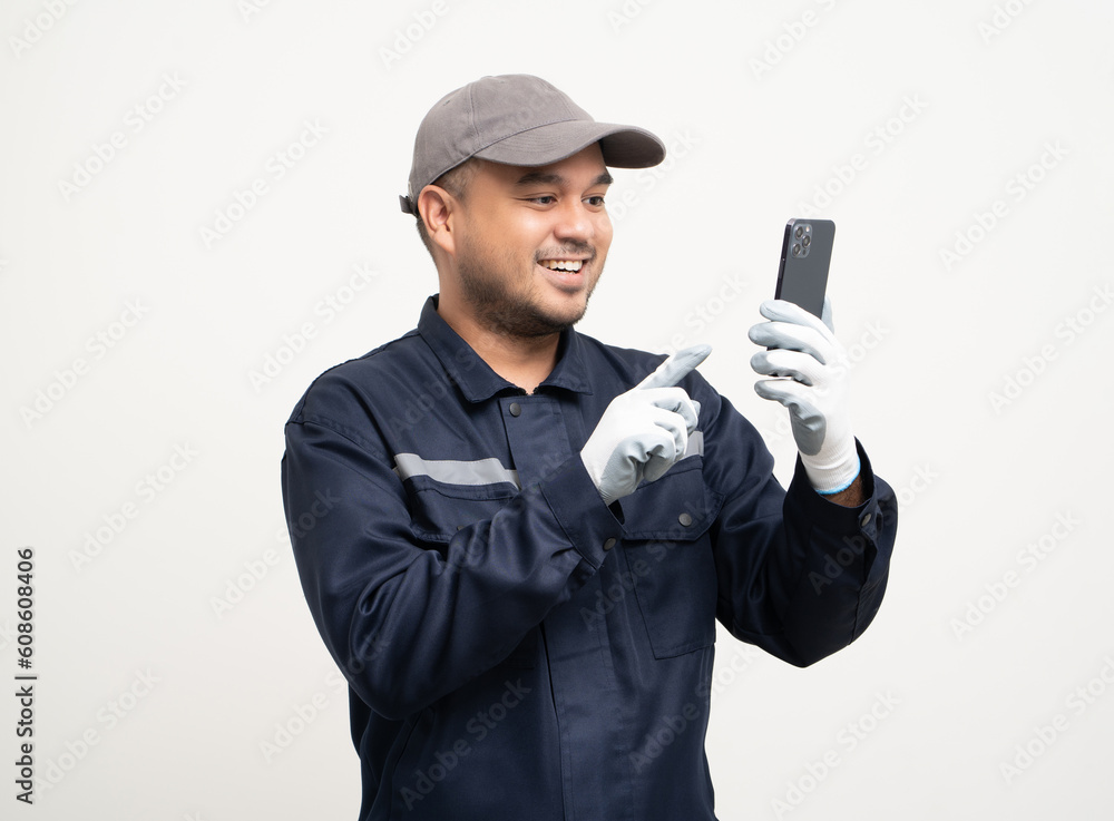 Naklejka premium Technician workers in uniform maintenance service with smartphone. Profession of service industry house repair. Home services with cellphone isolated background.