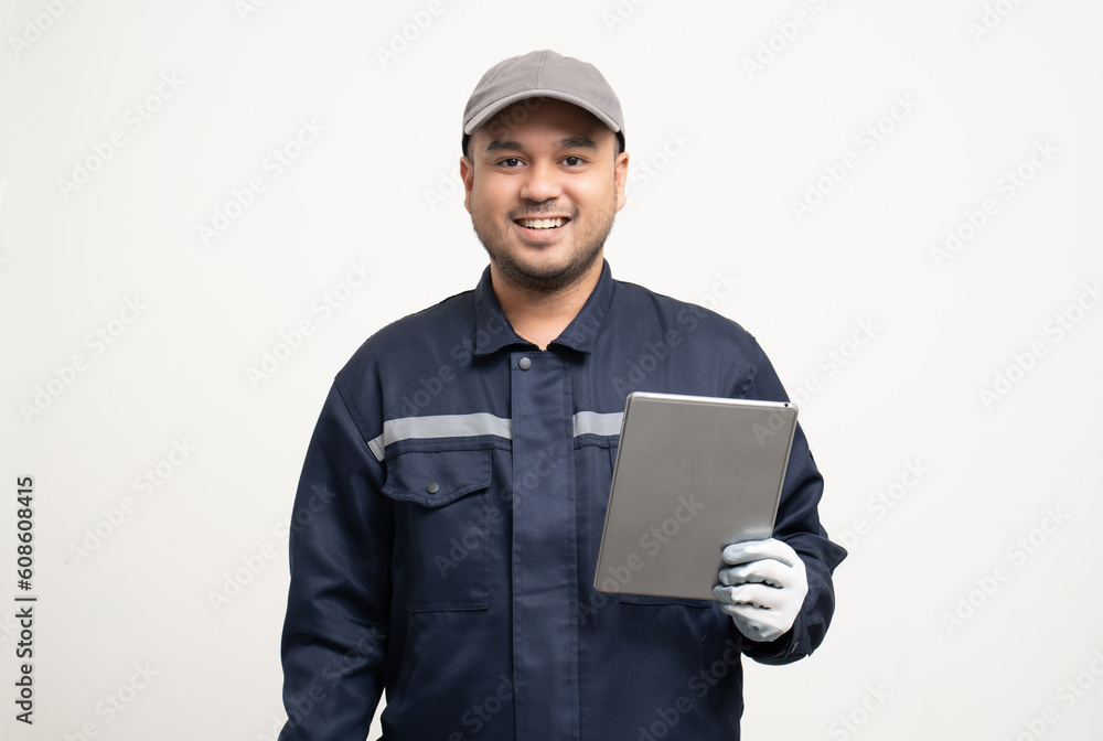 Technician workers in uniform maintenance service with tablet. Profession of service industry house repair. Home services isolated background. Technician workers in uniform maintenance service with tablet. Profession of service industry house repair. Home services isolated background.