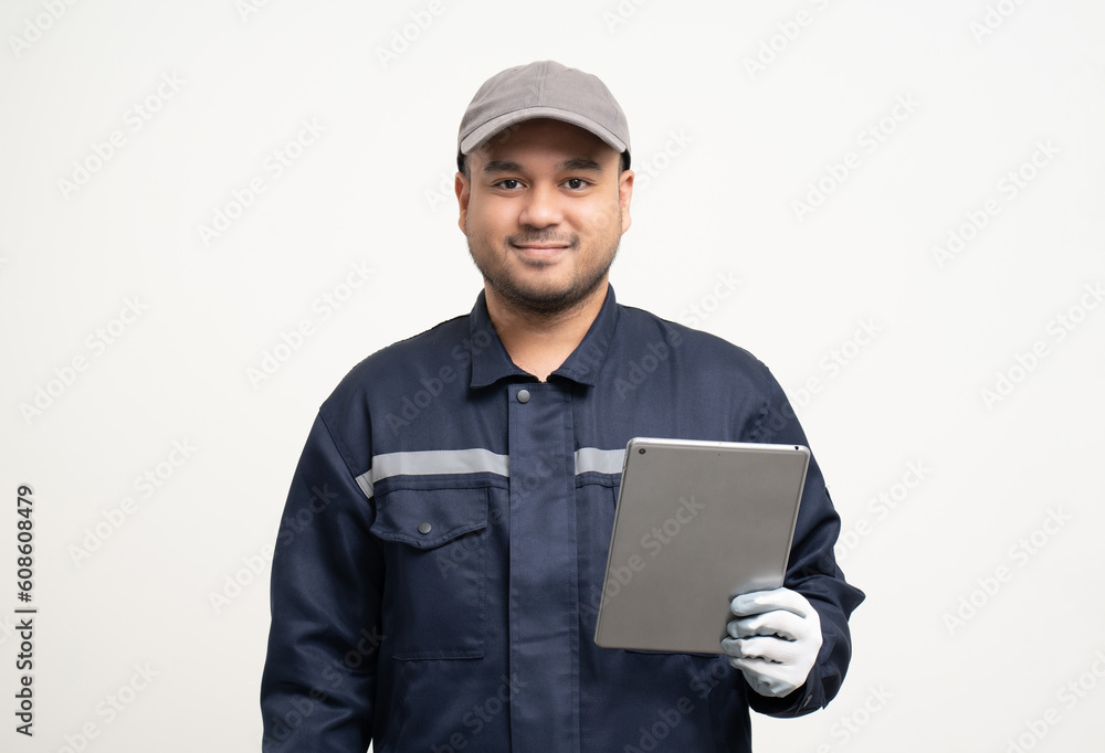 Technician workers in uniform maintenance service with tablet. Profession of service industry house repair. Home services isolated background. Technician workers in uniform maintenance service with tablet. Profession of service industry house repair. Home services isolated background.