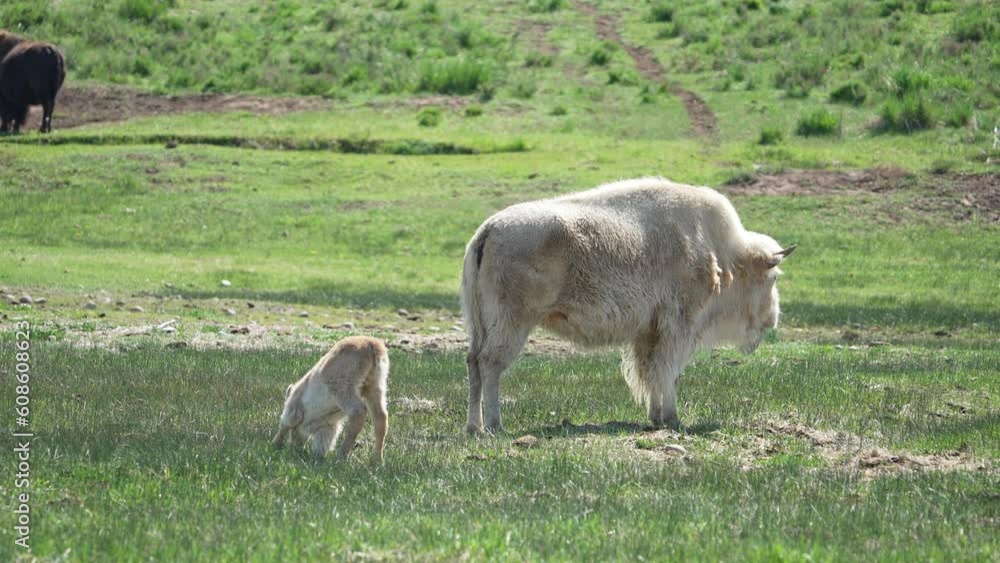 Baby bison albino calf standing up next to its mother in a green pasture in Wyoming. Baby bison albino calf standing up next to its mother in a green pasture in Wyoming.