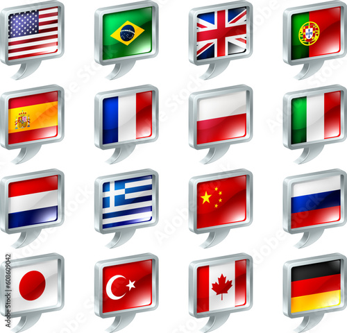 Free Download Set of flag speech bubble icons buttons; great for anything related to languages; regions or translation; or country specific web forum sections. - GFXLoad