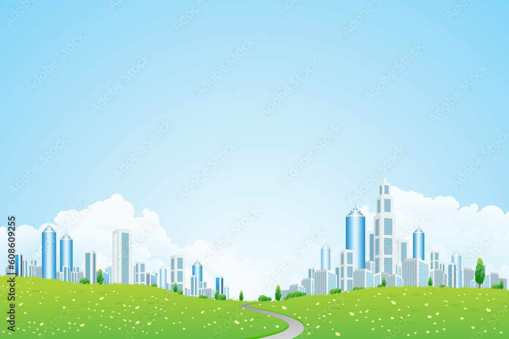 Green Vector landscape with trees road and business city for your design