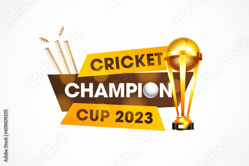 Cricket Championship Cup 2023 header or banner with winning trophy and stumps on white background.