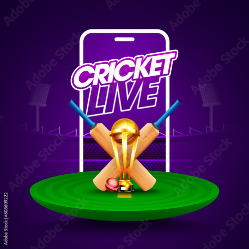 Cricket Live Concpet header or banner with winning trophy, Bat, Ball and stumps on stadium background.