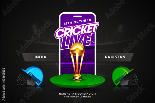 Cricket Live Concpet India vs Pakistan header or banner with winning trophy, Bat, Ball and stumps on stadium background.