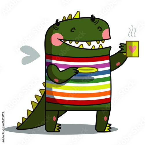 cute green dragon drinking coffee