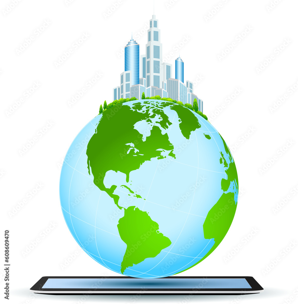 Planet Earth with Business City on Tablet Computer isolated on white