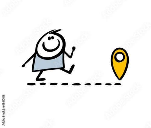 Stick figure boy walking on dotted line to the location sign mark. Vector illustration of happy doodle character travelling outdoor.
