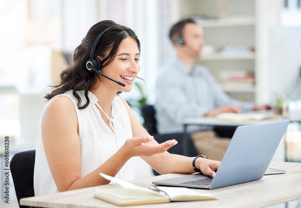 Woman, callcenter and laptop with phone call and smile, happy conversation with communication and contact us. CRM, customer service and help with female consultant at desk, positivity and telecom Woman, callcenter and laptop with phone call and smile, happy conversation with communication and contact us. CRM, customer service and help with female consultant at desk, positivity and telecom